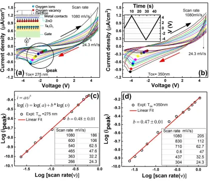 Figure 1. Cyclic voltammetry (CV) data revealing electrochemical kinetics of the ZnO devices 