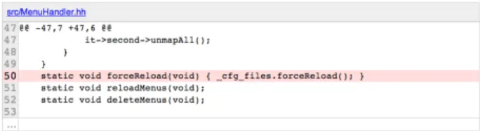 Figure 3: Screenshot of Pek WM version compari- compari-son. <t r c l a s s=" c o m m i t _ d i f f _ l i n e " i d=" s r c / p e k w m 