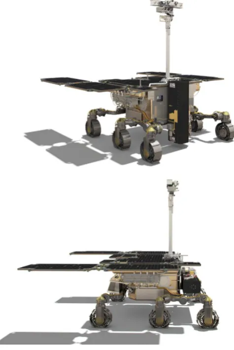 Fig. 2. Three-quarter and side view of the ExoMars rover. Top: with the drill in itsdeployed position