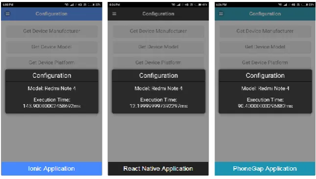 Fig. 4 Screenshot shows the execution time taken in millisecond to getting the Battery Level for Ionic application, React Native application, and PhoneGap application respectively  