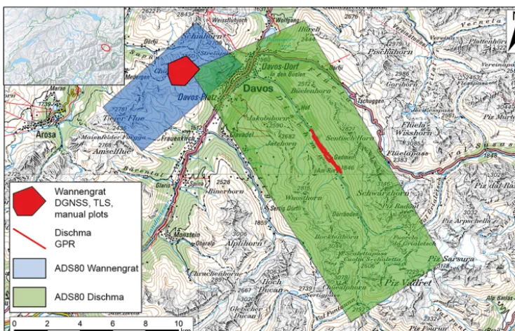 Figure 1. ADS80 data coverage and locations of the applied reference data sets at Wannengrat and in the Dischma Valley close to Davos,Switzerland