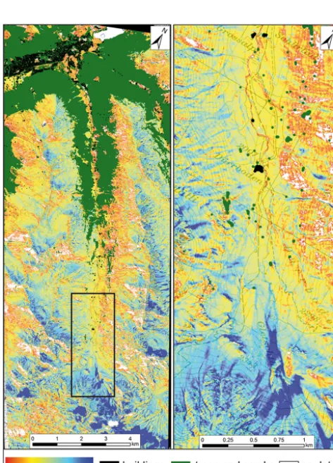 Figure 5. Snow depth map of the entire Dischma area (left, seeFig. 1. for orientation) and a close-up view (right) of the area indi-cated by the black box.