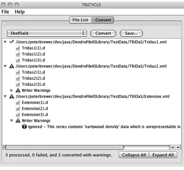 Figure 2. A screen shot of TRiCYCLE showing the results of the conversion of three TRiDaS format data files into Sheffield D- D-Format files