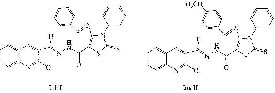 Figure 1.  Structures of inhibitors (Inh I- {4-[1-aza-2-(phenyl)vinyl]-3-phenyl-2-thioxo(1,3-thiazoline-5-yl)}-N-[1-aza-2-(2-chloro(3-quinolyl))vinyl], Inh II- {4-[1-aza-2-(4-methoxyphenyl)vinyl]-3-phenyl-2-thioxo(1,3-thiazoline-5-yl)}-N-[1-aza-2-(2-chloro