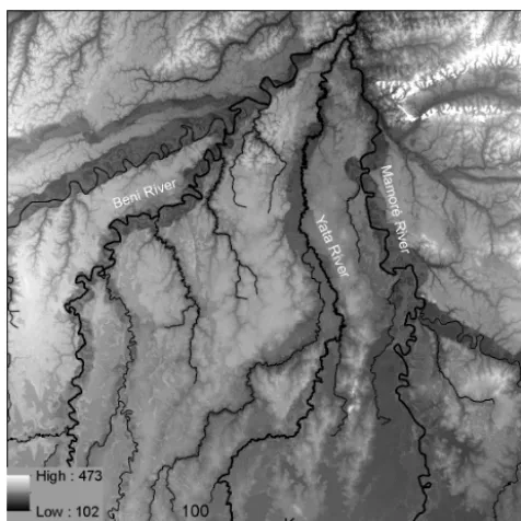 Figure 9. SRTM image showing an example of a river networkin the Cerrado Beniano. All rivers ﬂow north, against the slope ofthe general terrain, suggesting that the development of the drainagenetwork preceded the uplift that crated the hilly landscape.