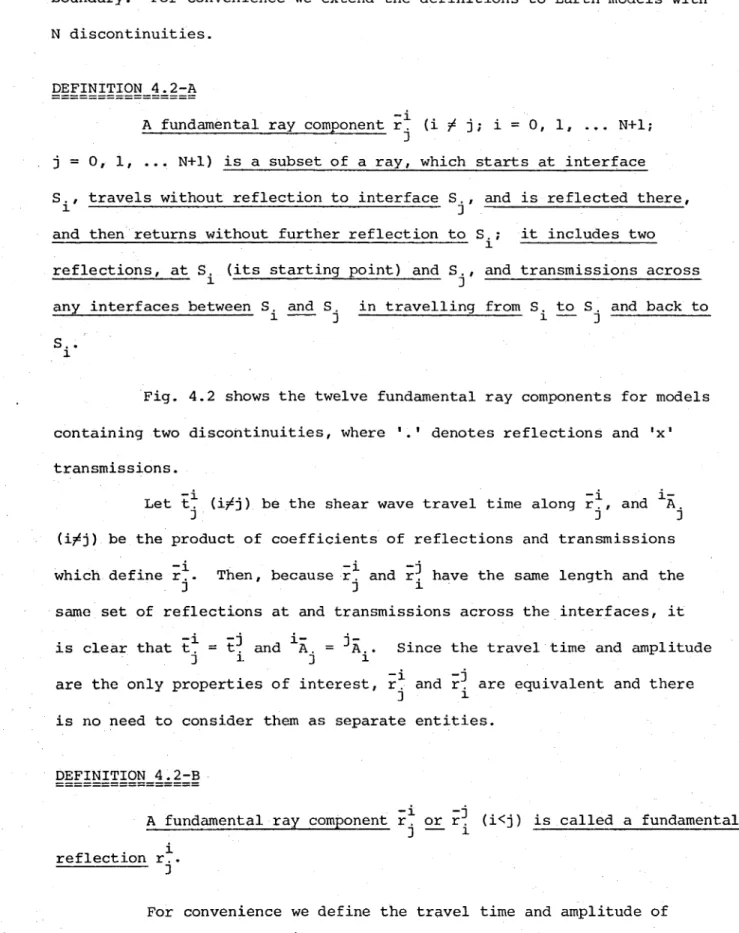 Fig.  4.2  shows  the  twelve  fundamental  ray  components  for models  containing  two  discontinuities,  where  denotes  reflections  and  'x' transmissions.