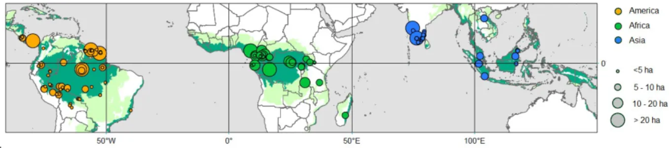 Figure 1. Geographic distribution of the plot database. We used 867 plots of 1 hectare from   118   sites