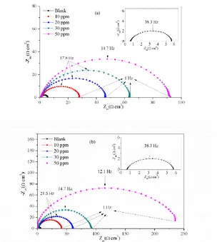 Figure 6.  Nyquist plots for mild steel in a 15% HCl solution (a) MPTP (b) MPTMP containing various concentrations (1) 0 ppm (2) 10 ppm (3) 20 ppm  (4) 30 ppm (5) 50 ppm  at 303 K