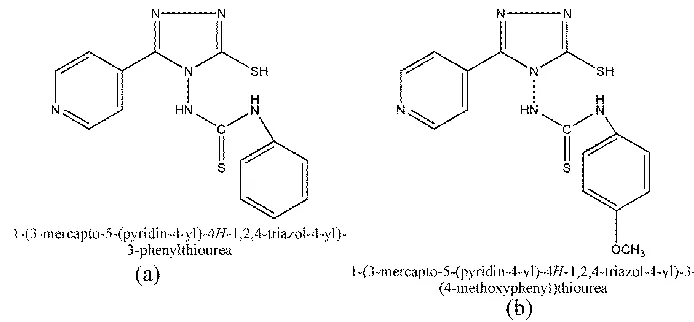 Figure 1.  Structure of the inhibitors 1-(3-mercapto-5-(pyridin-4-yl)-4H-1,2,4-triazol-4-yl)-3-phenylthiourea (MPTP) and 1-(3-mercapto-5-(pyridin-4-yl)-4H-1,2,4-triazol-4-yl)-3-(4-methoxyphenyl) thiourea (MPTMP)