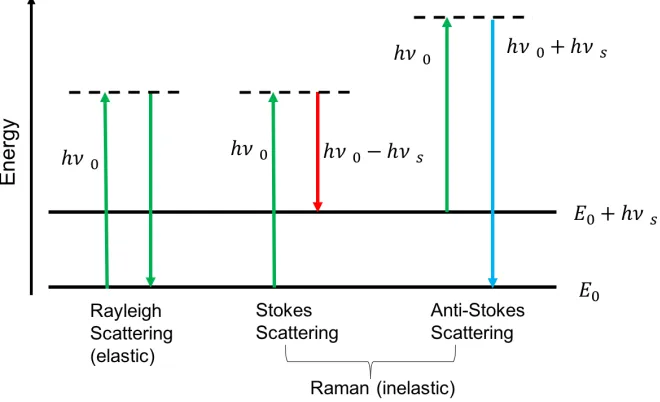 Figure 1.5: The diﬀerent types of light scattering: Rayleigh scattering (no exchange of en-ergy: incident and scattered photons have the same energy), Stokes Raman scattering (atom ormolecule absorbs energy: scattered photon has less energy than the incident photon) and anti-Stokes Raman scattering (atom or molecule loses energy: scattered photon has more energythan the incident photon).