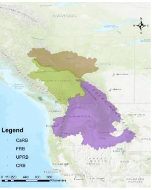 Figure 2. Four key river basins in WNA (light green: FRB, beige: PRB, purple: CRB, blue: CaRB) 