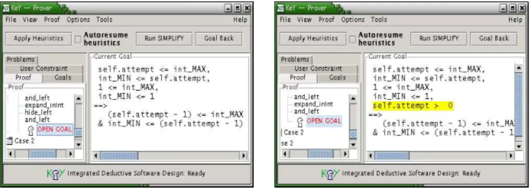 Fig. 3. The KeY prover window on the left shows an invalid sequent. The prover window on the right shows the same sequent with the additional highlighted premiss that makes the sequent valid.