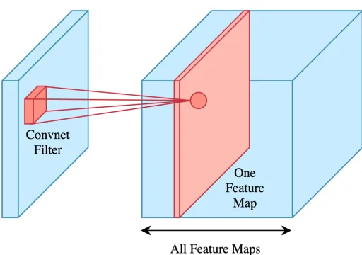 Figure 2.2: A convolutional layer showing the convolutional operation between its associatedﬁlter and the input data