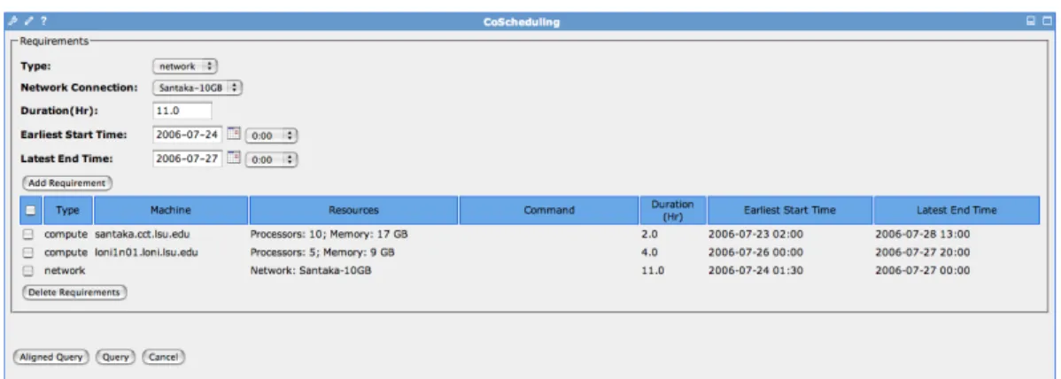 Figure 4.3: The co-scheduling portlet showing how to set up network resource requirements