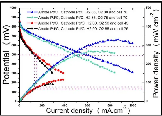 Figure 7.  Open circuit potential evaluation of MEAs prepared with Pt/Pt, Pt/Pd, Pd/Pt and Pd/Pd(anode/cathode) electrodes