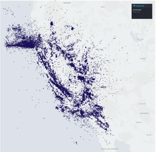 Figure 3.2: Earthquakes in the state of California from 1967 to 2018. Each point represents the source of an earthquake event.