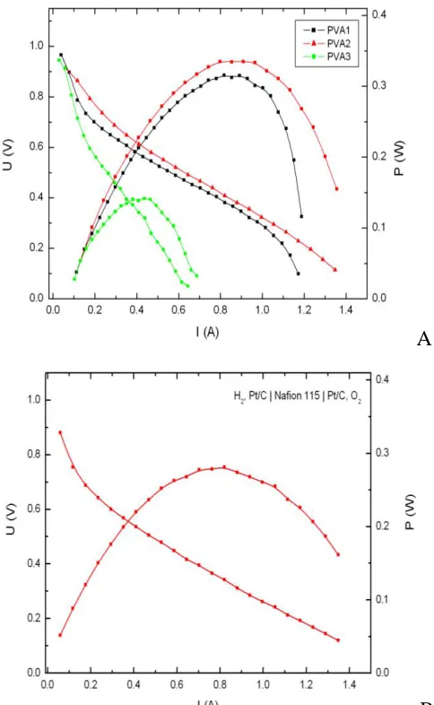 Figure 1. I–V characteristics: a) the solid alkaline H2|Pt/C|PVA–KOH|Pt/C|O2 fuel cell using KOH doped physically cross-linked PVA as membrane; b) PEM, H2|Pt/C|Nafion 115|Pt/C|O2