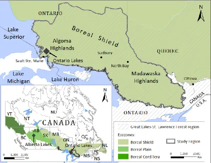 Figure 2.1 Study region (the temperate forest biome) and locations of sampled Ontario and Alberta lakes