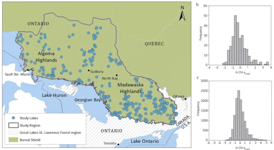 Figure 3.1 (a) Map showing location of the study region (temperate forest biome) and 275 lakes selected for the analysis; and distribution of Chl-a (ln-transformed modelled Chl-a: ln Chl-amod) in (b) 275 lakes (subset of lakes selected for a landscape anal