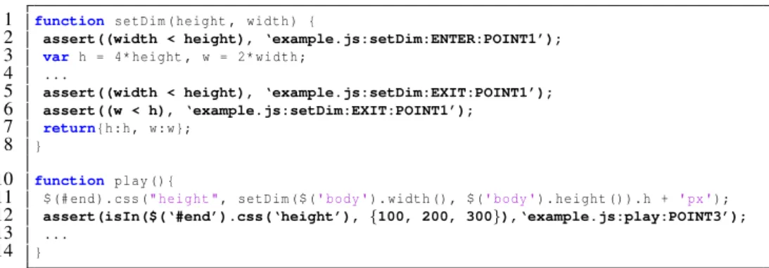 Fig. 5. Invariant assertion code for J AVA S CRIPT function parameters, local variables and DOM modifications