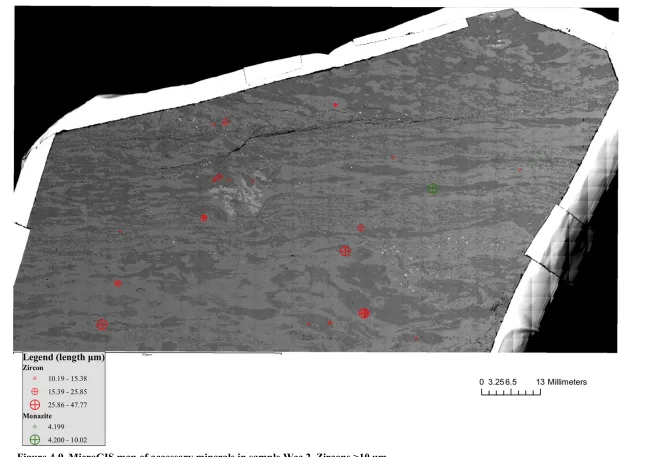 Figure 4-9. MicroGIS map of accessory minerals in sample Wcc 2. Zircons >10 um. 