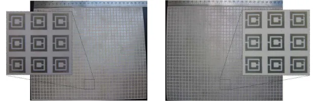 Figure 9. Fabricated SRR-FSS panels without (left) and with (right)metallic pads (in S3 switch locations).