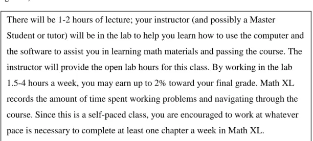 Figure 6. Evidence of Lecture/Lab Model. Information included in all six of the fall  2012 course syllabi of developmental mathematics study participants at Florida State  College at Jacksonville explaining the lecture/lab model within the ASC environment