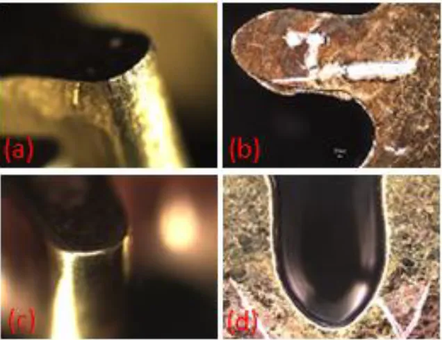 Figure 5. (a) and (b) gear tooth before deburring; (c) and (d) gear tooth after deburring
