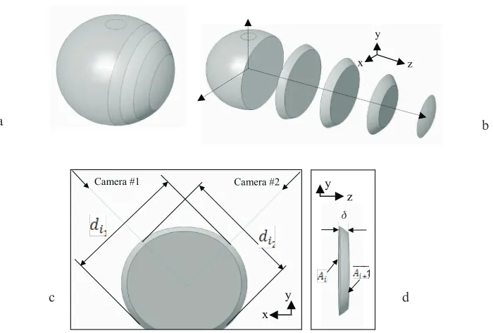 Fig. 2. Axi-symmetric geometry: a – 3-D view of an orange, b – segmentation of orange into a number of frustums of right elliptical cone,c – extracted diameters of a frustum from the two cameras: side-view from the z-axis, and d – thickness of a frustum and its surface areas:zoomed-in�view�of�a�frustum�of�right�elliptical�cone.