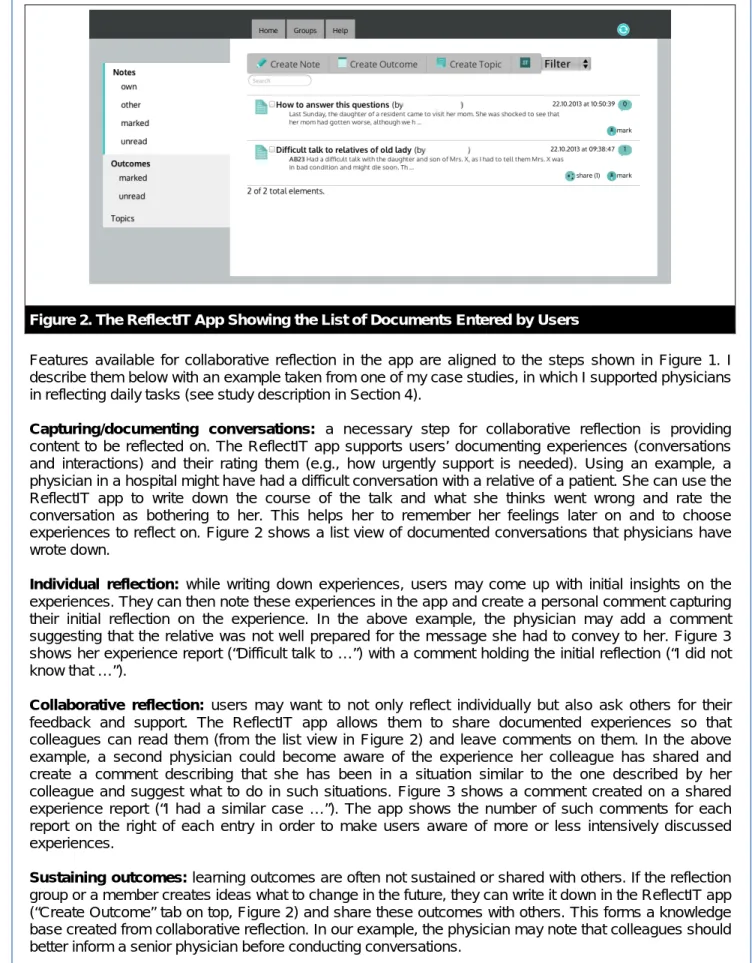 Figure 2. The ReflectIT App Showing the List of Documents Entered by Users 