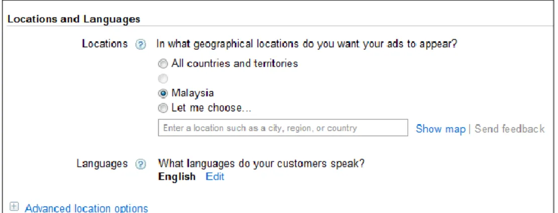 Figure 2.3: New AdWords Campaign (Locations and Languages) [25] 