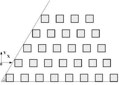 Figure 13.Trapeziform periodic structure where the square PECandpatch element has a size of λ×λ, the gap between two cells is equal 1λ, α = 60◦, Nxl = 8, Nxu = 4, Ny = 5, NC = (Nxl + Nxu)Ny/2 = 30.
