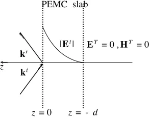 Figure 2. Plane-wave incident on the interface of PEMC slab createsa ﬁeld transmitted into the slab whose magnitude obeys the functionsinh(kx(z + d))