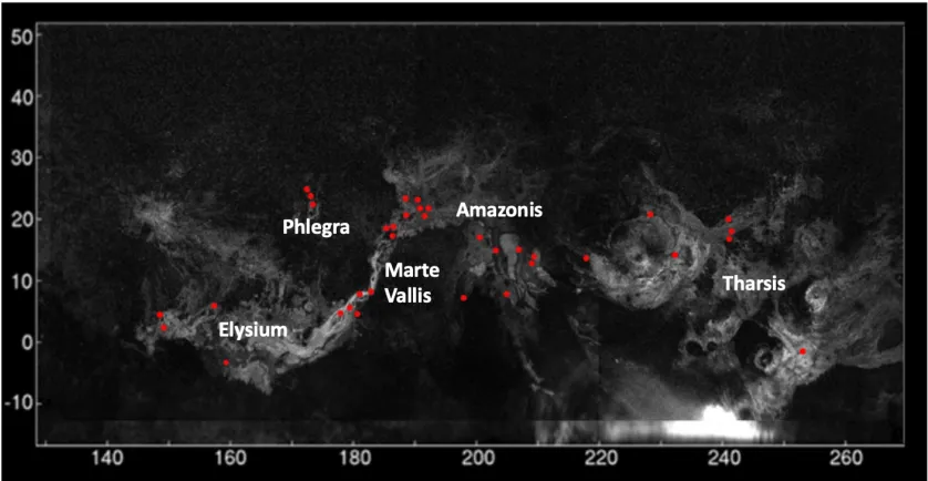 Figure 2.8: Radar backscatter image of Mars showing the areas where the HiRISE 