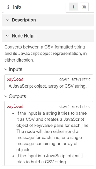 Figure 6: Information sidebar for the CSV node. 