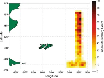 Fig. 7 Seeded iceberg density across a typical SC2 full 20-year simulation. Numbers are absolute counts