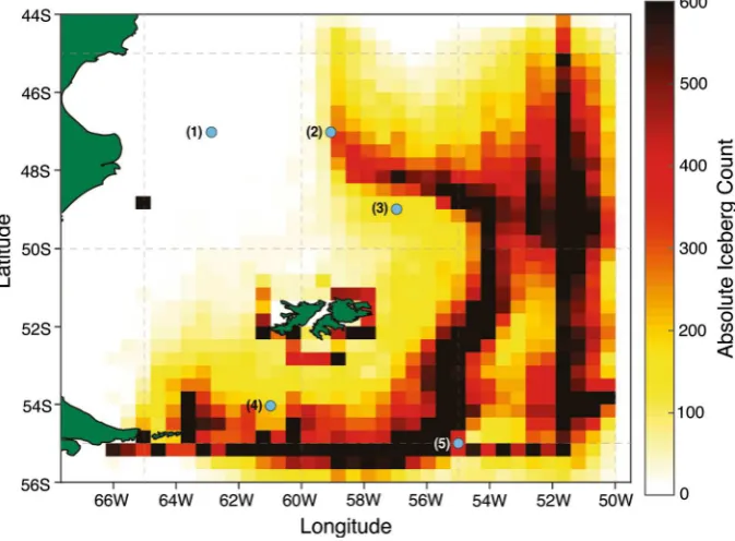 Fig. 9 Total iceberg counts per half degree square from the 20-year simulation of SC1