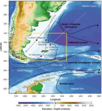 Fig. 1 A map of the bathymetry of the SW Atlantic, showing major shipping routes in the area (in grey—dashed lines show trafﬁc of lower volume) and schematic ocean currents