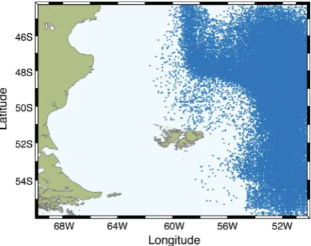Fig. 5 All iceberg locations fora full 20-year SC2 run (ensemblemember 1) with a timestep of100 s