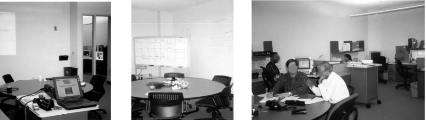 Figure 4.  Three views of the new RSDC rooms with walls of whiteboards, projection   equipment and large distances between collocated work areas