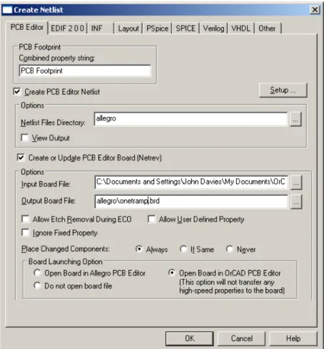 Figure 4. Completed dialogue box for netlisting the design and sending it to PCB Editor