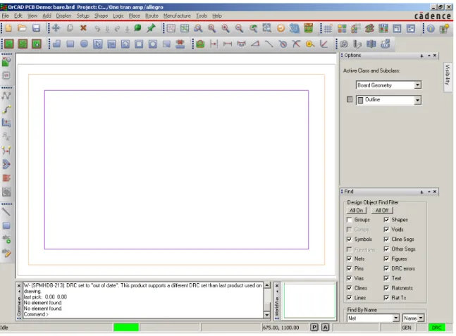 Figure 5. Screenshot of OrCAD PCB Editor with an empty board; the black background has been changed to white for a clearer printout