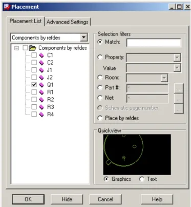 Figure 6. The Placement dialogue box, showing the components for the one-transistor ampli- ampli-fier