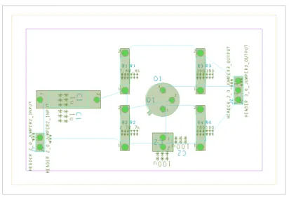 Figure 7. Screenshot of the board for the simple, one-transistor amplifier after all compo- compo-nents have been placed and arranged