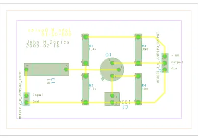 Figure 9. Screenshot of the routed board for the simple, one-transistor amplifier. The tracks are yellow, which shows that they are on the bottom of the board