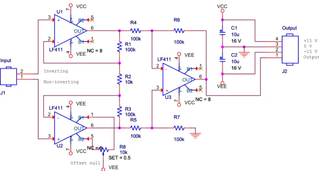 Figure 11. Instrumentation amplifier based on three op-amps. The label NC = 8 on the op-amps is not normally visible and will be explained later.