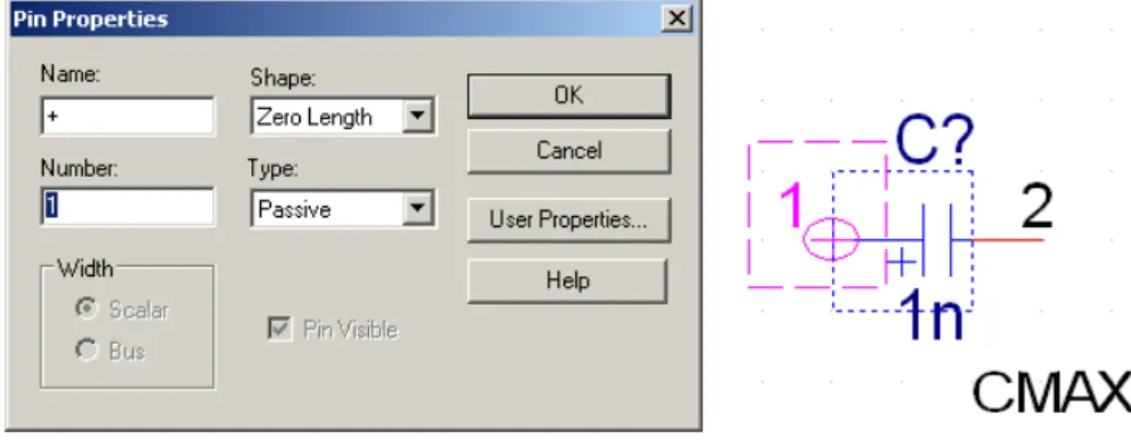 Figure 3. Edit Part window and Pin Properties dialogue box for correcting the numbering of the pins of the electrolytic capacitor.