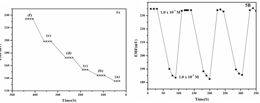 Figure 5. (A) Dynamic response time of electrode for one change in concentration of oxalic acid  (a)1.0  10-6M,  (b) 5.0  10-6M, (c) 1.0   10-5 M,  (d) 5.0   10-5M,  (e) 1.0  10-4   M and (f) 5   10-4 M (B) Reversibility of oxalic acid selective Electrode in several high-to-low sample cycles 