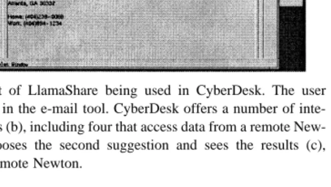 Fig. 8. Screenshot of LlamaShare being used in CyberDesk. The user selects a name (a) in the e-mail tool