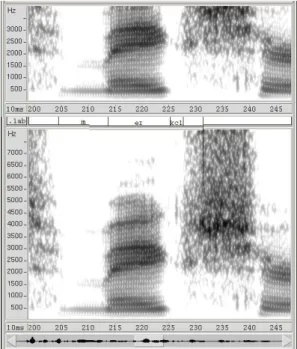 Figure 1. Wide band spectrograms of a fe- fe-male speaker saying [ m eI k^] (make).  Diph-thongs showed a marked increase in error rate between the 8 and 16 kHz corpora